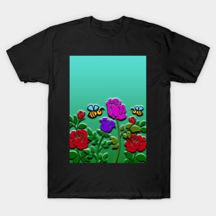 Floral Flowers & Bees - Roses 3D Artwork T-Shirt